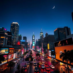 A vibrant city skyline at night, illuminated by colorful lights