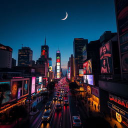 A vibrant city skyline at night, illuminated by colorful lights