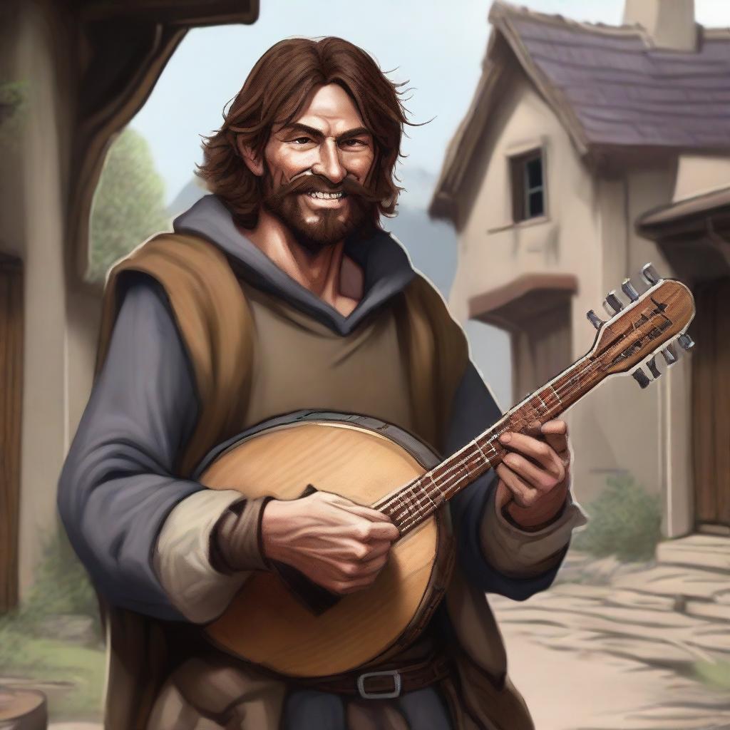 A detailed, high-quality realistic illustration that vividly portrays a crazy homeless vagrant with brown hair as a fantasy Dungeons and Dragons bard in a village setting