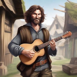 A detailed, high-quality realistic illustration that vividly portrays a crazy homeless vagrant with brown hair as a fantasy Dungeons and Dragons bard in a village setting