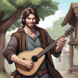 A detailed, high-quality realistic illustration that vividly portrays a crazy homeless vagrant with brown hair as a fantasy Dungeons and Dragons bard in a village setting