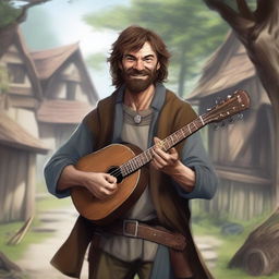 A detailed, high-quality realistic illustration that vividly portrays a crazy homeless vagrant with brown hair as a fantasy Dungeons and Dragons bard in a village setting