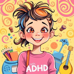A vibrant illustration of a girl with ADHD, showcasing her unique personality and energy