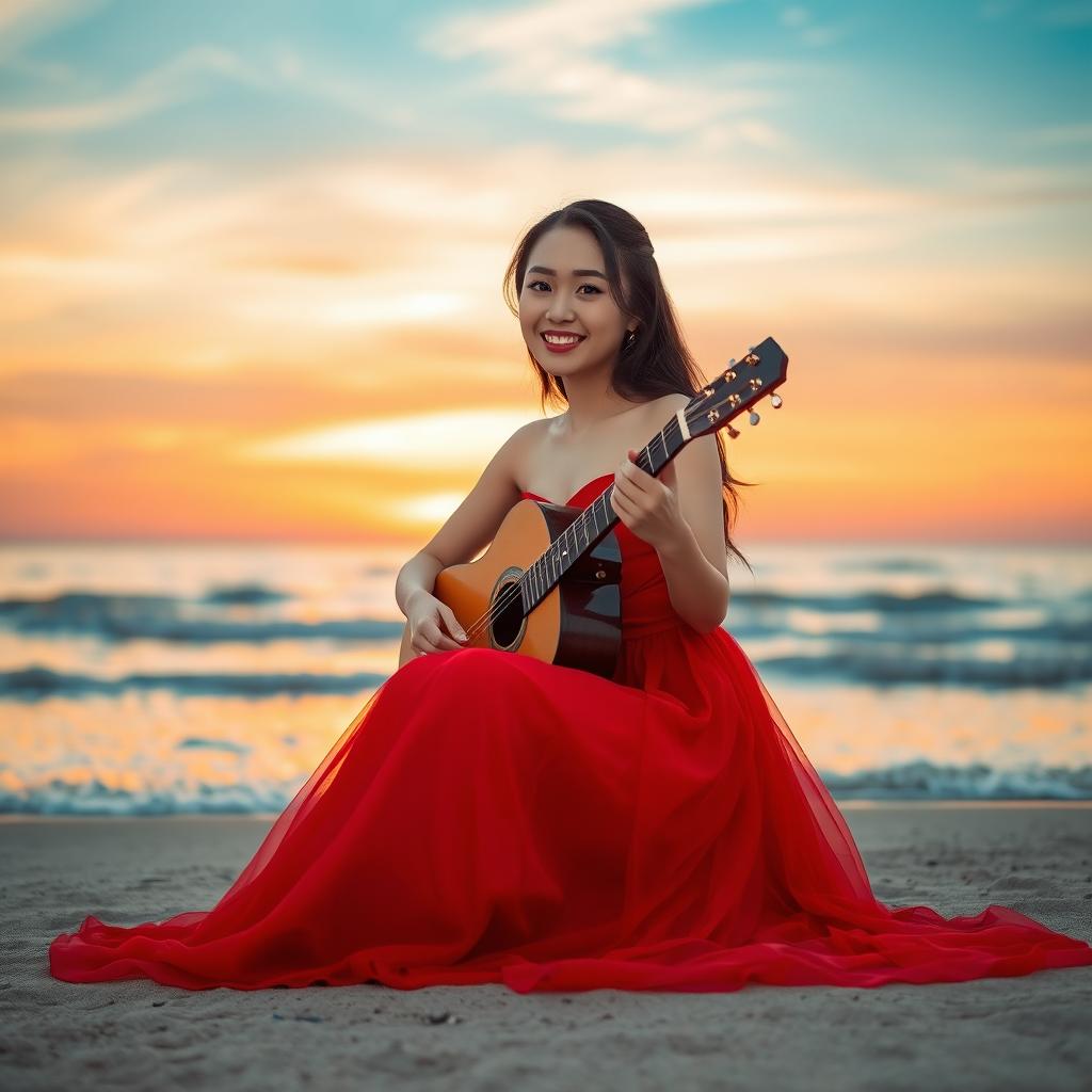 A beautiful young Asian woman sitting on the beach at sunset, wearing a stunning red gown, gently smiling at the camera while holding a guitar