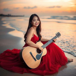 A beautiful young Asian woman sitting on the beach at sunset, wearing a stunning red gown, gently smiling at the camera while holding a guitar