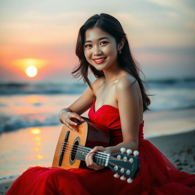 A beautiful young Asian woman sitting on the beach at sunset, wearing a stunning red gown, gently smiling at the camera while holding a guitar