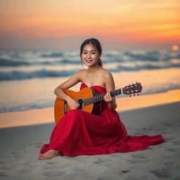 A beautiful young Asian woman sitting on the beach at sunset, wearing a stunning red gown, gently smiling at the camera while holding a guitar