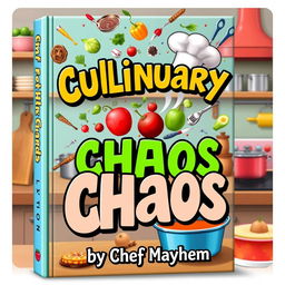 A whimsical and colorful book cover design for 'Culinary Chaos by Chef Mayhem'