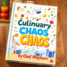 A whimsical and colorful book cover design for 'Culinary Chaos by Chef Mayhem'