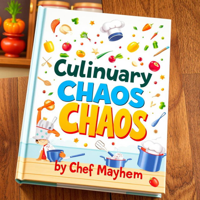 A whimsical and colorful book cover design for 'Culinary Chaos by Chef Mayhem'