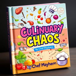 A whimsical and colorful book cover design for 'Culinary Chaos by Chef Mayhem'