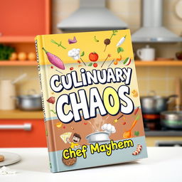 A whimsical and colorful book cover design for 'Culinary Chaos by Chef Mayhem'