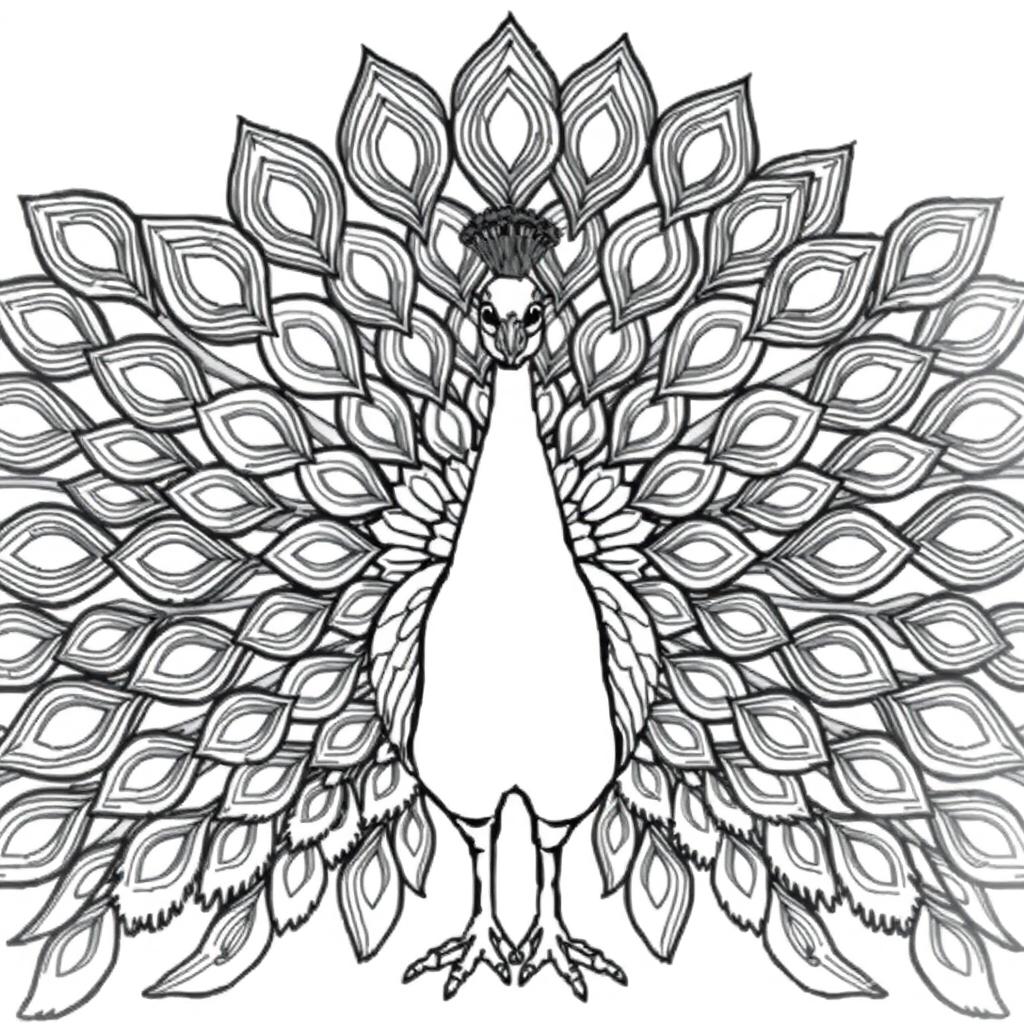 A peacock with fully fanned feathers in a symmetrical pose, designed for a coloring book, featuring thick black lines and no color or shading