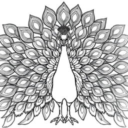 A peacock with fully fanned feathers in a symmetrical pose, designed for a coloring book, featuring thick black lines and no color or shading