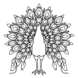 A peacock with fully fanned feathers in a symmetrical pose, designed for a coloring book, featuring thick black lines and no color or shading