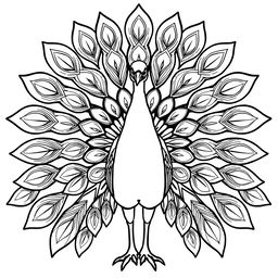A peacock with fully fanned feathers in a symmetrical pose, designed for a coloring book, featuring thick black lines and no color or shading