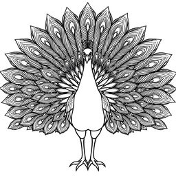 A peacock with fully fanned feathers in a symmetrical pose, designed for a coloring book, featuring thick black lines and no color or shading