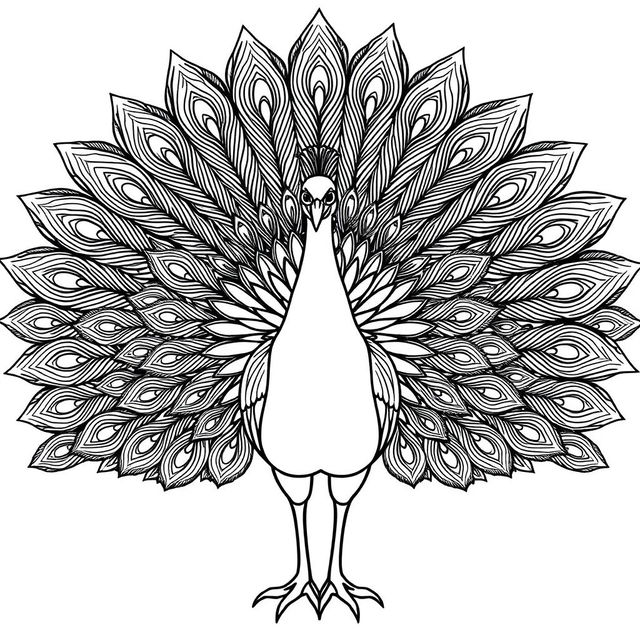 A peacock with fully fanned feathers in a symmetrical pose, designed for a coloring book, featuring thick black lines and no color or shading