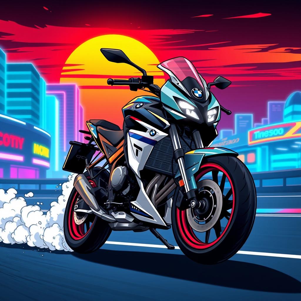 An anime-style illustration of a BMW G310RR motorcycle, featuring bold colors and dynamic lines to emphasize its speed and performance