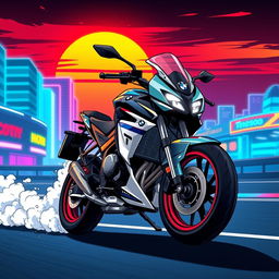 An anime-style illustration of a BMW G310RR motorcycle, featuring bold colors and dynamic lines to emphasize its speed and performance