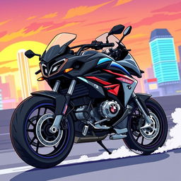 An anime-style illustration of a BMW G310RR motorcycle, featuring bold colors and dynamic lines to emphasize its speed and performance