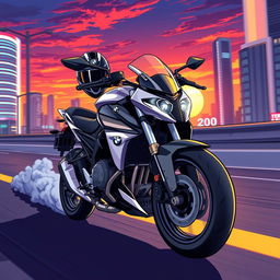 An anime-style illustration of a BMW G310RR motorcycle, featuring bold colors and dynamic lines to emphasize its speed and performance