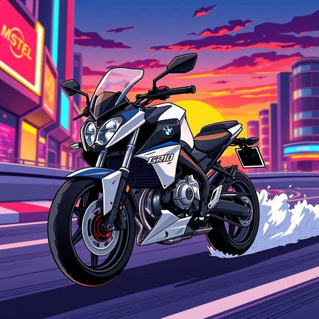 An anime-style illustration of a BMW G310RR motorcycle, featuring bold colors and dynamic lines to emphasize its speed and performance