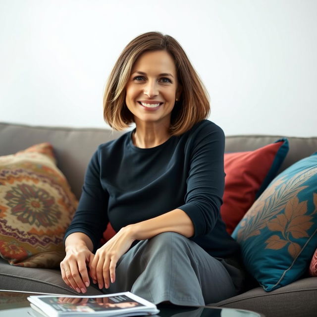 A 45-year-old woman with medium-length dark-blond bobcut hair and fair white skin, comfortably sitting on a stylish couch