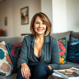 A 45-year-old woman with medium-length dark-blond bobcut hair and fair white skin, comfortably sitting on a stylish couch