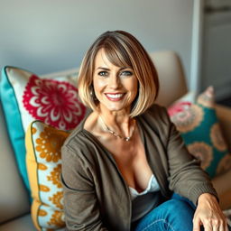 A 45-year-old woman with medium-length dark-blond bobcut hair and fair white skin, comfortably sitting on a stylish couch