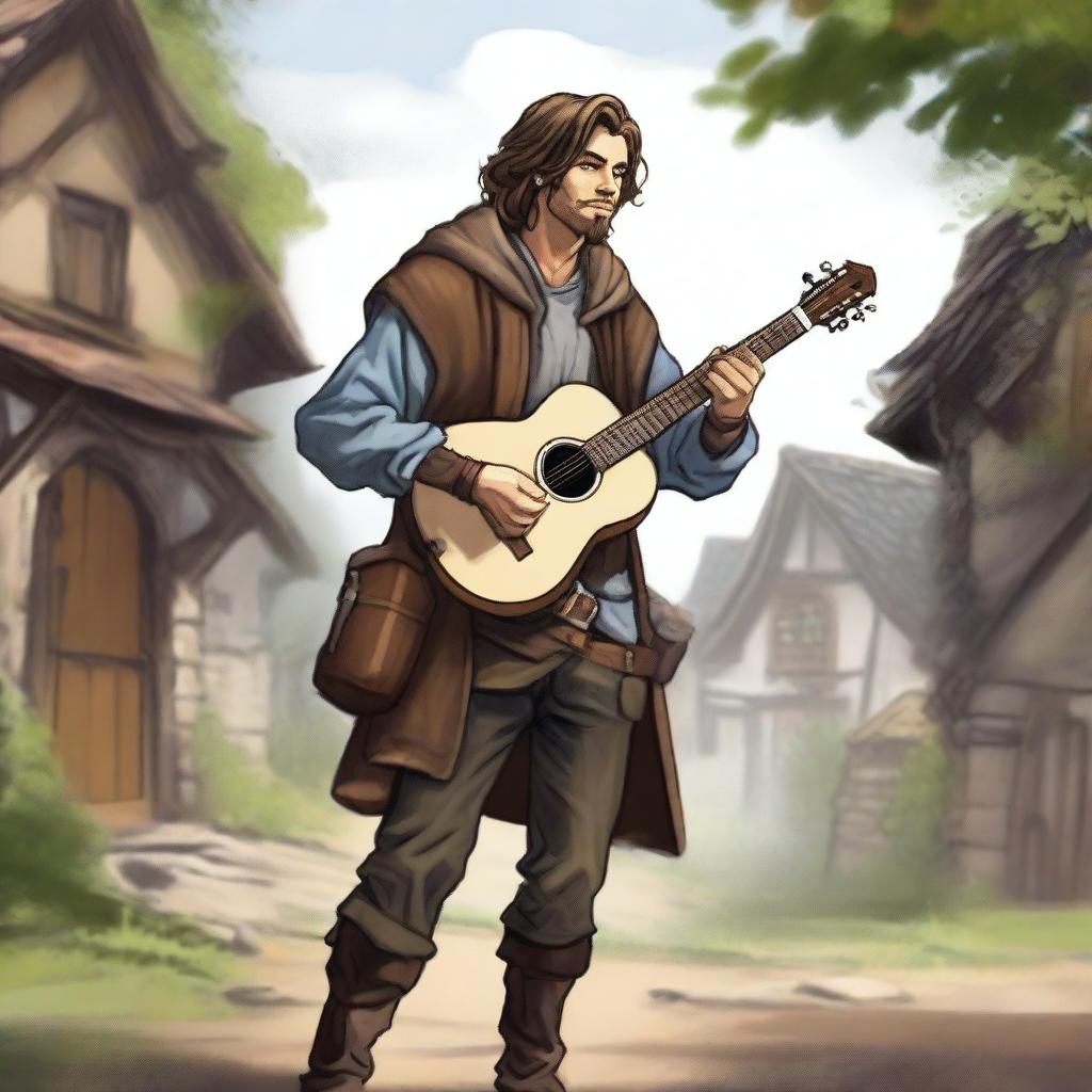 A detailed, high-quality realistic illustration that vividly portrays a crazy homeless vagrant with brown hair as a fantasy Dungeons and Dragons bard in a village setting