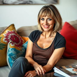 A 45-year-old woman with medium-length dark-blond bobcut hair and fair white skin, comfortably sitting on a stylish couch