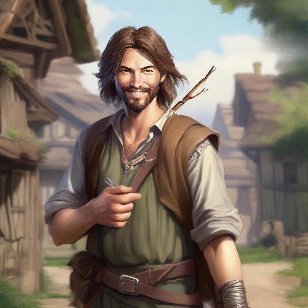 A detailed, high-quality realistic illustration that vividly portrays a crazy homeless vagrant with brown hair as a fantasy Dungeons and Dragons bard in a village setting