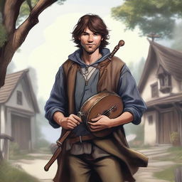 A detailed, high-quality realistic illustration that vividly portrays a crazy homeless vagrant with brown hair as a fantasy Dungeons and Dragons bard in a village setting