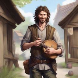 A detailed, high-quality realistic illustration that vividly portrays a crazy homeless vagrant with brown hair as a fantasy Dungeons and Dragons bard in a village setting