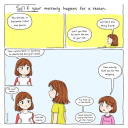 A one-page comic strip illustrating a girl with shoulder-length brownish hair who becomes increasingly faithful and positive as she faces life's challenges
