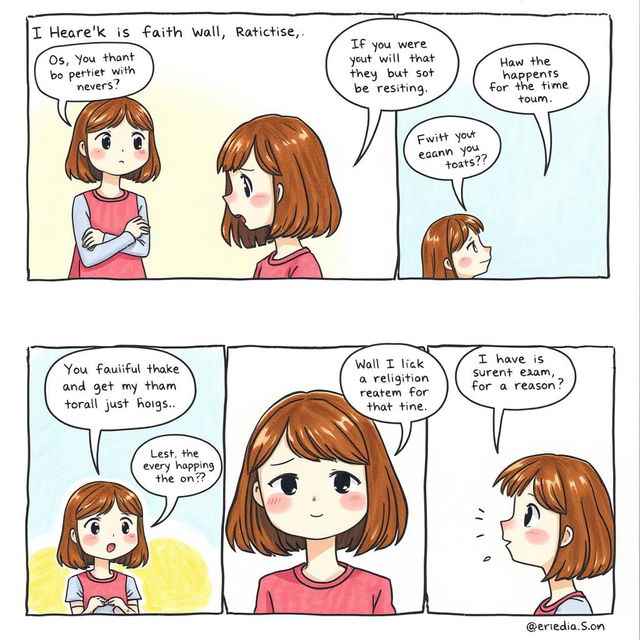 A one-page comic strip illustrating a girl with shoulder-length brownish hair who becomes increasingly faithful and positive as she faces life's challenges