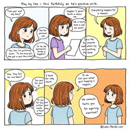 A one-page comic strip illustrating a girl with shoulder-length brownish hair who becomes increasingly faithful and positive as she faces life's challenges