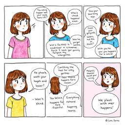 A one-page comic strip illustrating a girl with shoulder-length brownish hair who becomes increasingly faithful and positive as she faces life's challenges