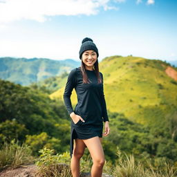 A beautiful young Asian woman standing full body on a stunning and cool hillside