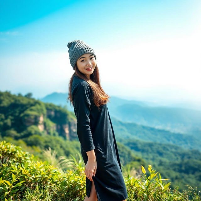 A beautiful young Asian woman standing full body on a stunning and cool hillside