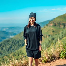 A beautiful young Asian woman standing full body on a stunning and cool hillside