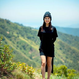 A beautiful young Asian woman standing full body on a stunning and cool hillside