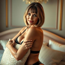 A portrait of a 45-year-old woman with medium-length dark-blond bobcut hair and fair skin, showcasing her curves confidently in stylish lingerie
