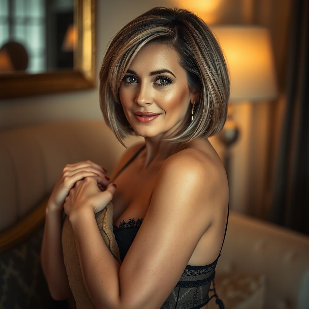 A portrait of a 45-year-old woman with medium-length dark-blond bobcut hair and fair skin, showcasing her curves confidently in stylish lingerie