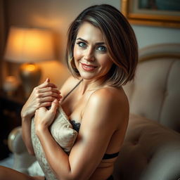 A portrait of a 45-year-old woman with medium-length dark-blond bobcut hair and fair skin, showcasing her curves confidently in stylish lingerie