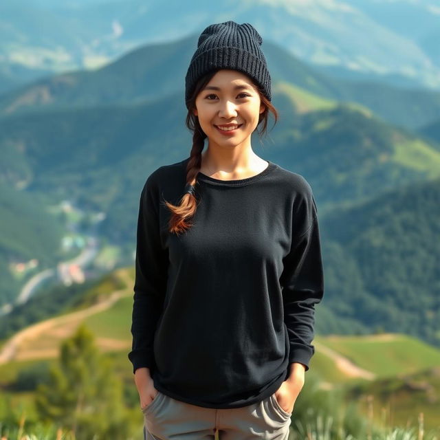 A beautiful Asian woman standing full body on a picturesque and cool hillside, wearing a long black t-shirt, a beanie hat, and short pants