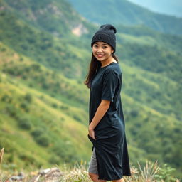 A beautiful Asian woman standing full body on a picturesque and cool hillside, wearing a long black t-shirt, a beanie hat, and short pants