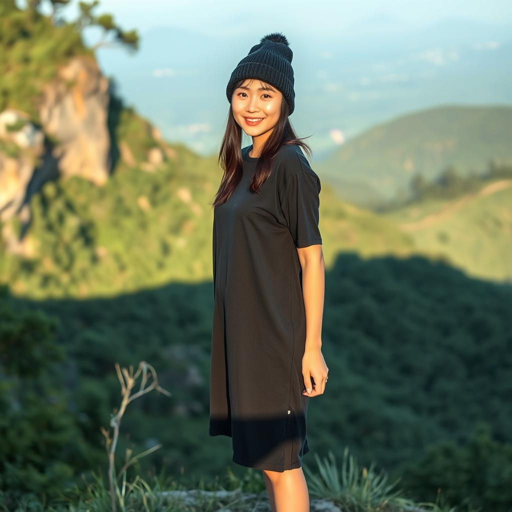 A beautiful Asian woman standing full body on a picturesque and cool hillside, wearing a long black t-shirt, a beanie hat, and short pants