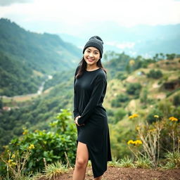 A beautiful Asian woman standing full body on a picturesque and cool hillside, wearing a long black t-shirt, a beanie hat, and short pants